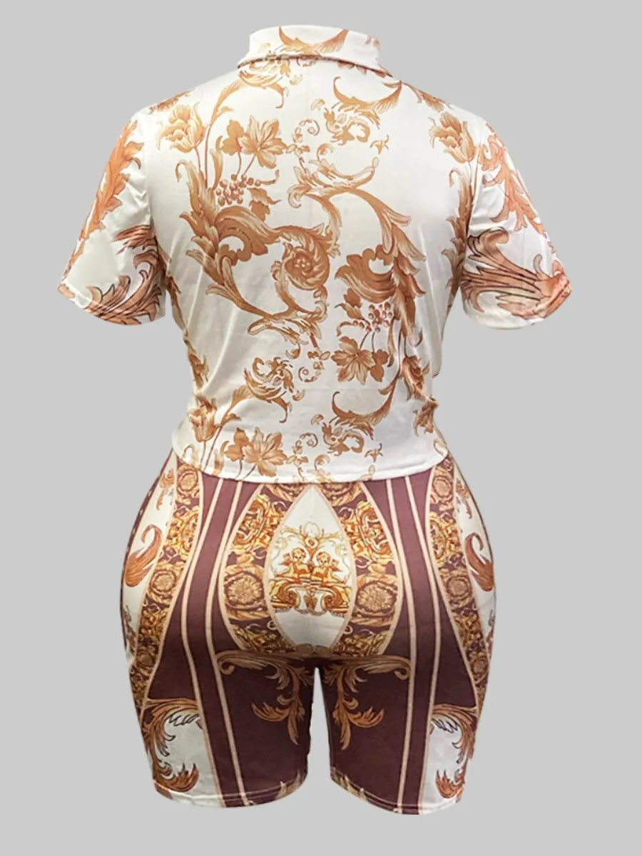 LW Plus Size Turndown Collar Baroque Print Long Shorts Set Sexy Two Pieces Hubble-bubble Sleeve Women Clothings Lady Outfits