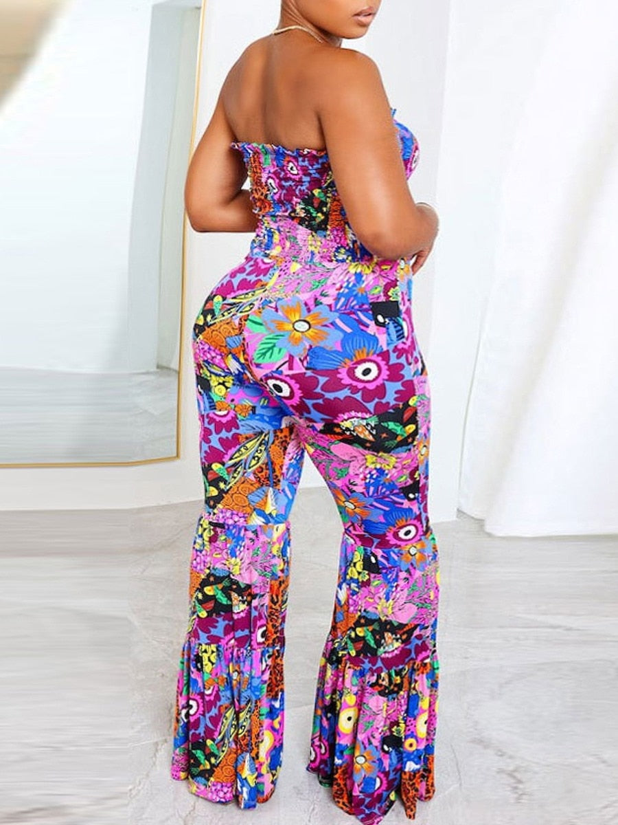 LW Plus Size Jumpsuit Off The Shoulder Mixed Print Flared Jumpsuit Summer Loose Jumpsuit Sexy Playsuit Overalls Streetwear