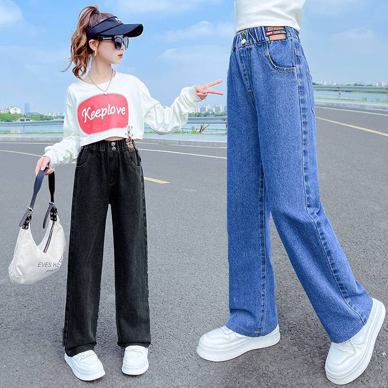 Children Jeans Girls Wide-leg Pants Kids LooseTrousers Baby Straight Denim Pants Spring Autumn 4 To12 Year