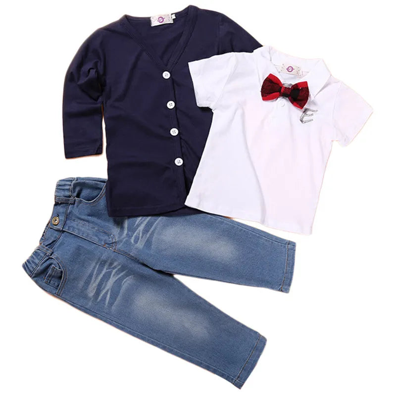 3Piece Set Spring Autumn Baby Boy Clothes Casual Fashion Gentleman Cardigan Coat+T-shirt+Jeans Children Boutique Clothing BC1161