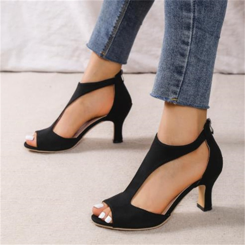 2023 new simple and fashionable back zipper fishmouth shoes women's summer side stiletto Roman sandals