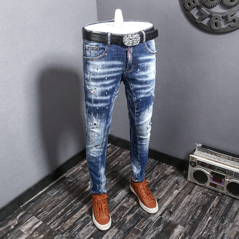 Fashion Streetwear Ripped Jeans Men Retro Blue Elastic Slim Fit Biker Jeans Homme Embroidery Designer Hip Hop Denim Pants Hombre