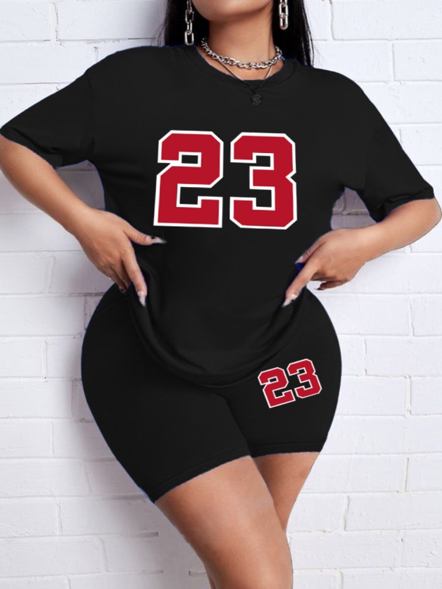 LW Plus Size 23 Digital Print Skinny Pants Set Women Two Piece Tracksuits short Sleeve Sweatshirt +Skinny Pants Set Women Tracks