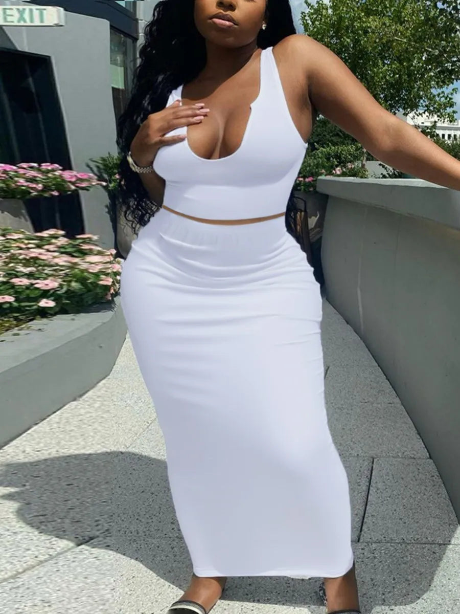 LW Plus Size U Neck Skinny Skirt Set Women Skinny Backless Outfit Suit Two Piece Set Hot Sexy High Waist Bodycon Maxi Skirt