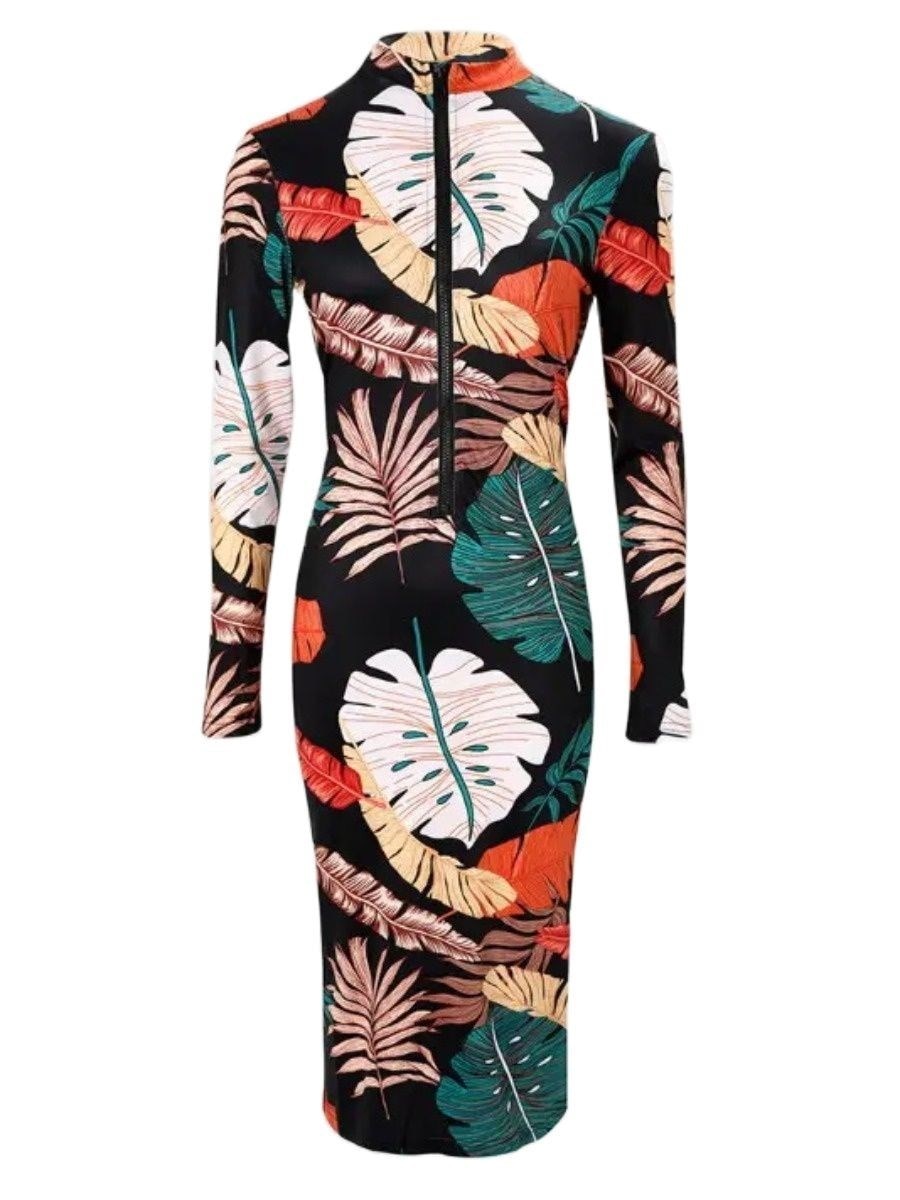 LW SXY Plus Size Dresses Leaf Print Zip Up Bodycon Dress Women Winter Fall Bodycon sexy Dress Pencil Party Dress Mini Vestido