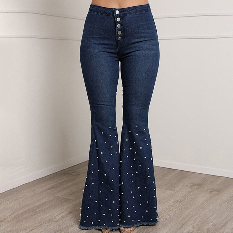 Mid Waisted Stretch Flare Jeans Women Denim Pants Wide Leg Butt-lifted Casual Korean Style Skinny Bell Bottom Pocket Trousers