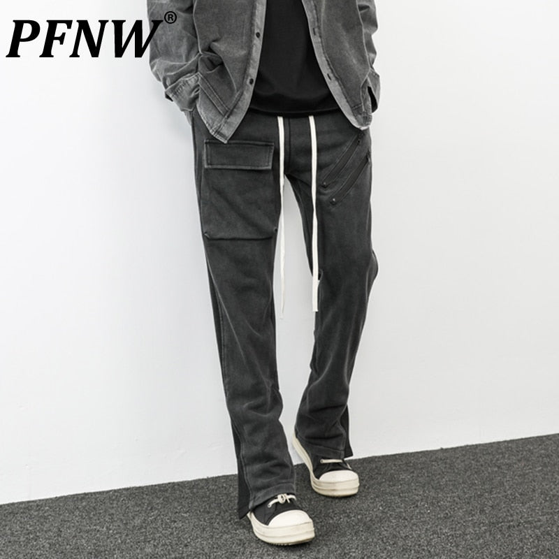 PFNW Spring Autumn Men&#39;s Chic Patchwork Slit Pocket Straight Trousers Fashion Sports Pants Vintage Drawstring Sweatpants 12A7533