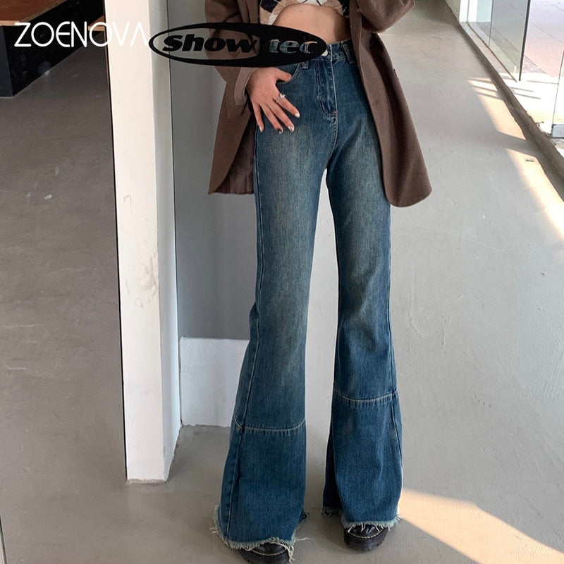 ZOENOVA 2023 Harajuku Tassel Hems Y2K Dark Blue High Waist Streetwear Jeans Baggy Women Non Strech Straight Wide Leg Flare Pants