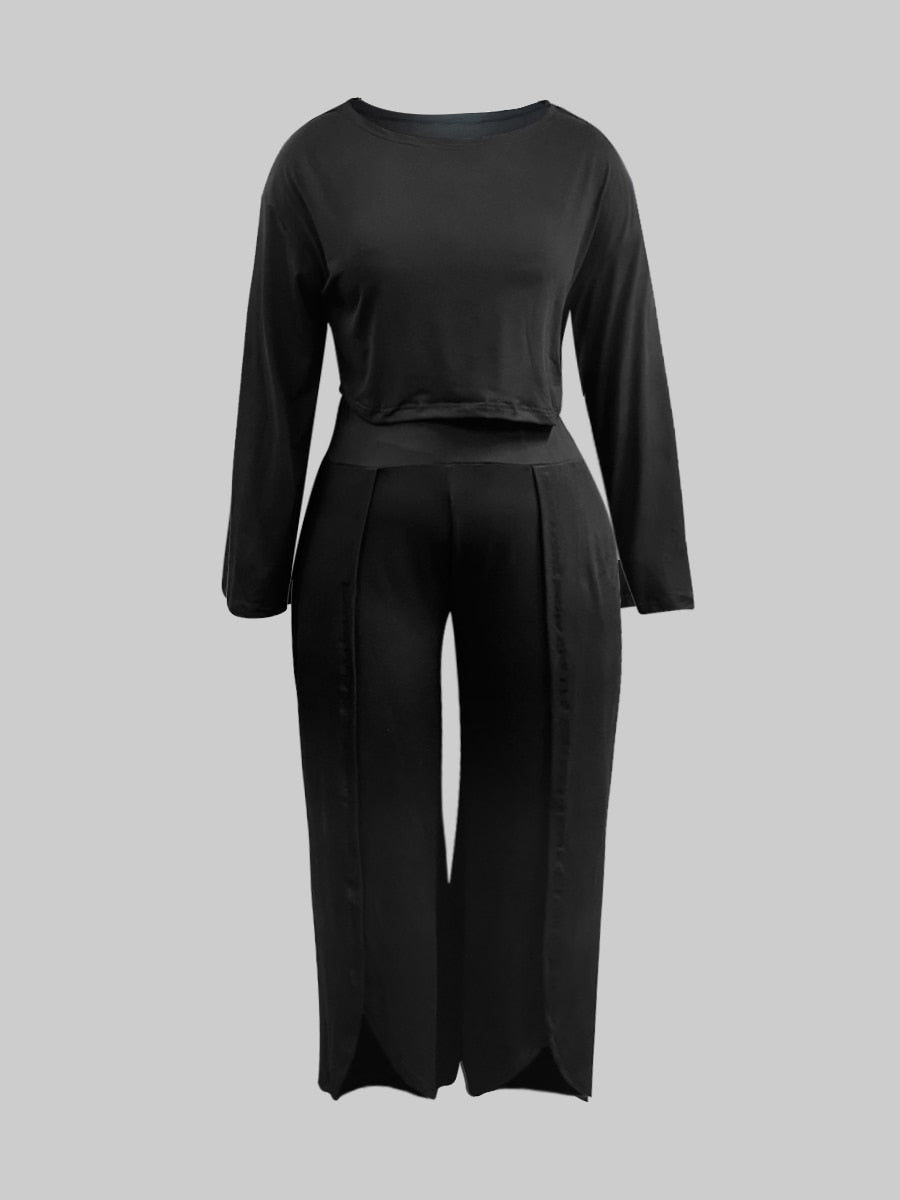 LW Plus Size Women 2 Pieces Set One Shoulder High Split Wide Leg Pants Set Elegant Tracksuit Crop Top + Leg Pant Casual Tracksui