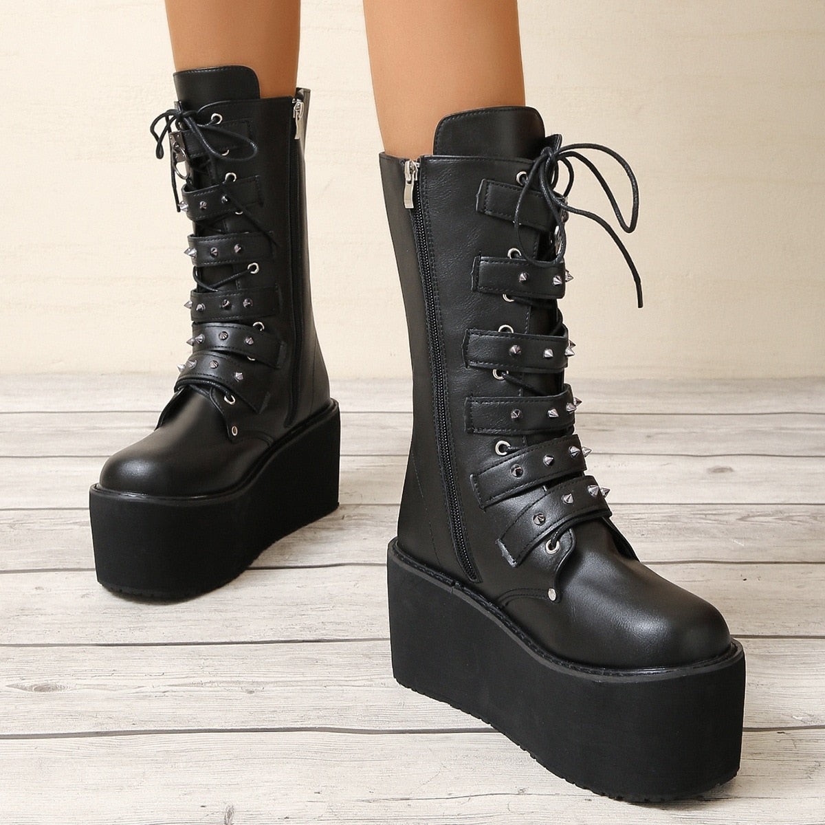 Punk Wind Rivet Mid Barrel Knight Boots Women&#39;s 2023 Autumn/Winter New Thick Sole High Heel Belt Buckle Large 43 Women&#39;s Boots