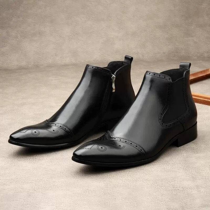 Luxury Formal Ankle Boots Man Shoes Black Pointed Toe Genuine Leather Casual Dress Mens Boots Office Chelsea Boots Men Zipper