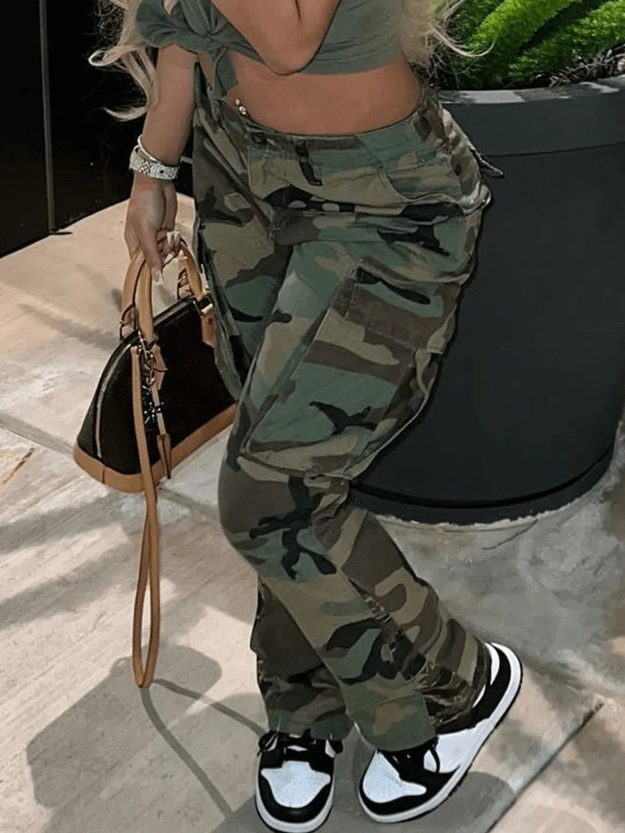 LW High Waist Camo Multicolor Cargo Pants XS-5XL Street Casual Side Pocket Camouflage Women Streetwears Straight Lady Trousers