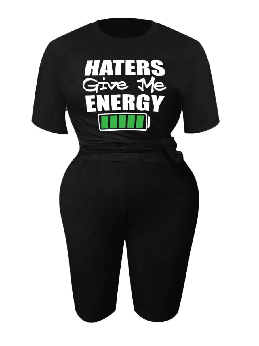 LW Plus Size Haters Give Me Energy Letter Print Shorts Set 2PCs Women Clothings Casual Suits Daily TOPS+PANTS Matching Outfits