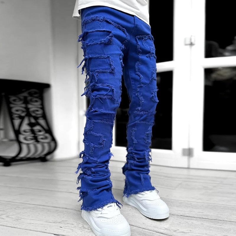 High Street Casual Patch Jeans Men 2023 New European and American Heavyweight Street Stretch Straight Jeans Soft Stretch Pants