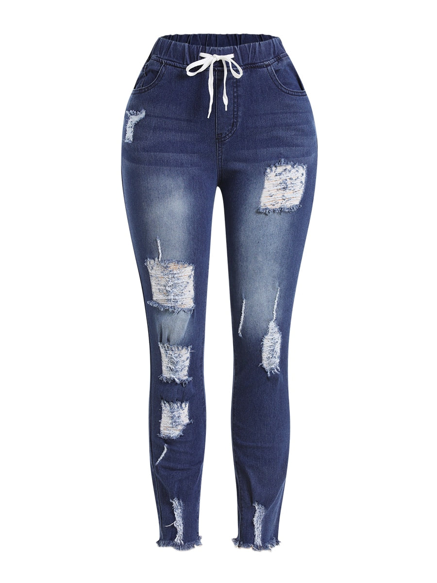 LW Plus Size Jeans High-Waist High Stretchy Ripped Distressed Jeans Classic Elastic Waist Solid cut hole women&#39;s Pants