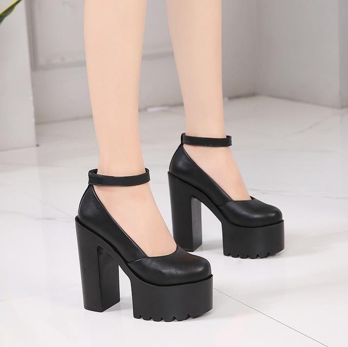 5cm Waterproof Platform New Fashion Round Toe Pumps Square High Heels Ankle Strap Black Sexy Women Shoes 38 39 40