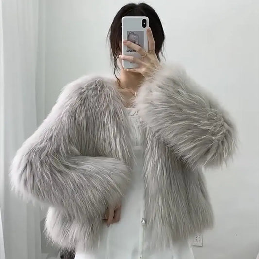 Elegant Tops Fluffy Faux Fur Coats Women 2023 New Winter Long Sleeve Cropped Fur Jacket Woman Korean Warm Furry Coat Top Female