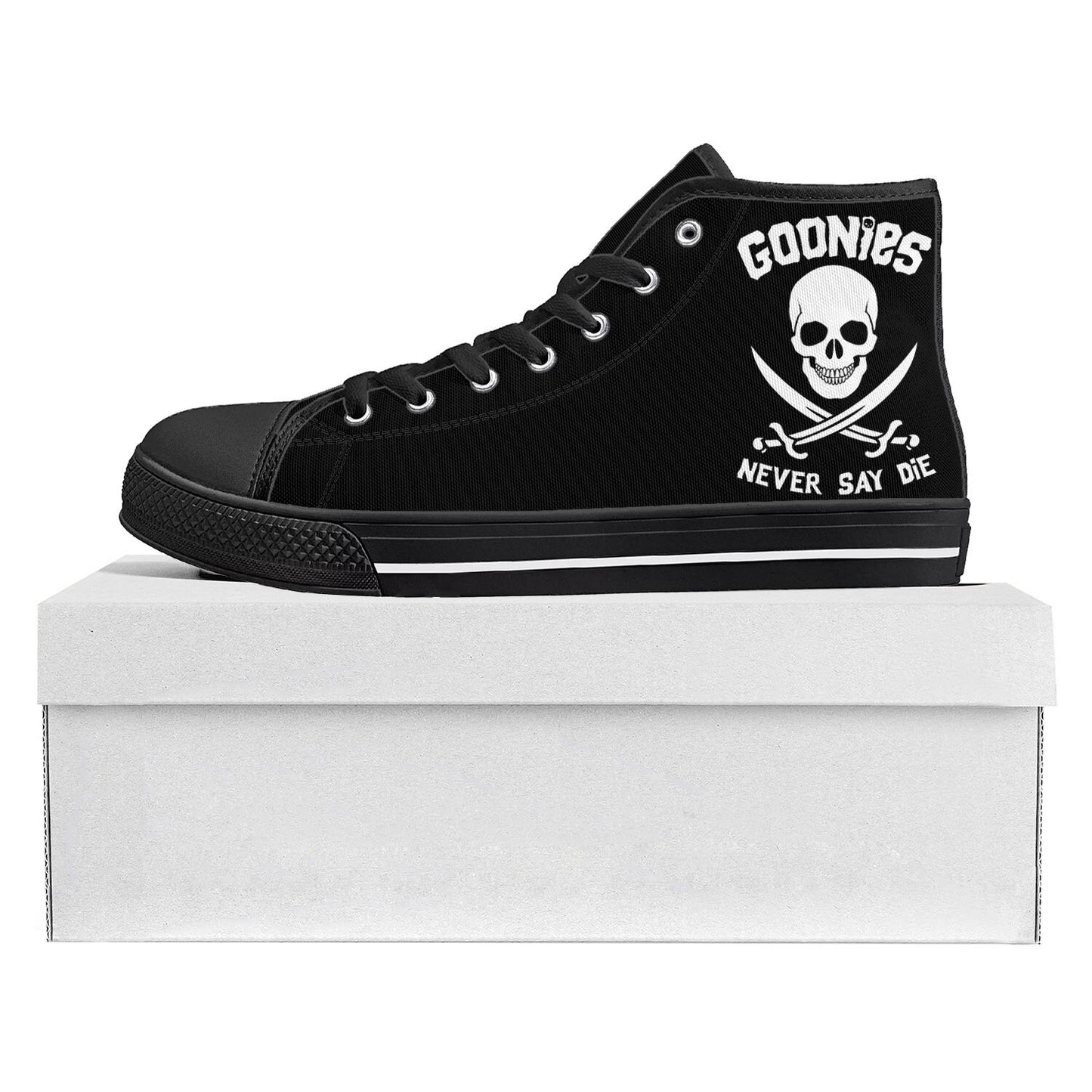 Goonies Never Say Die Skull Pirate Rock High Top High Quality Sneakers Mens Womens Teenager Canvas Sneaker Couple Custom Shoe