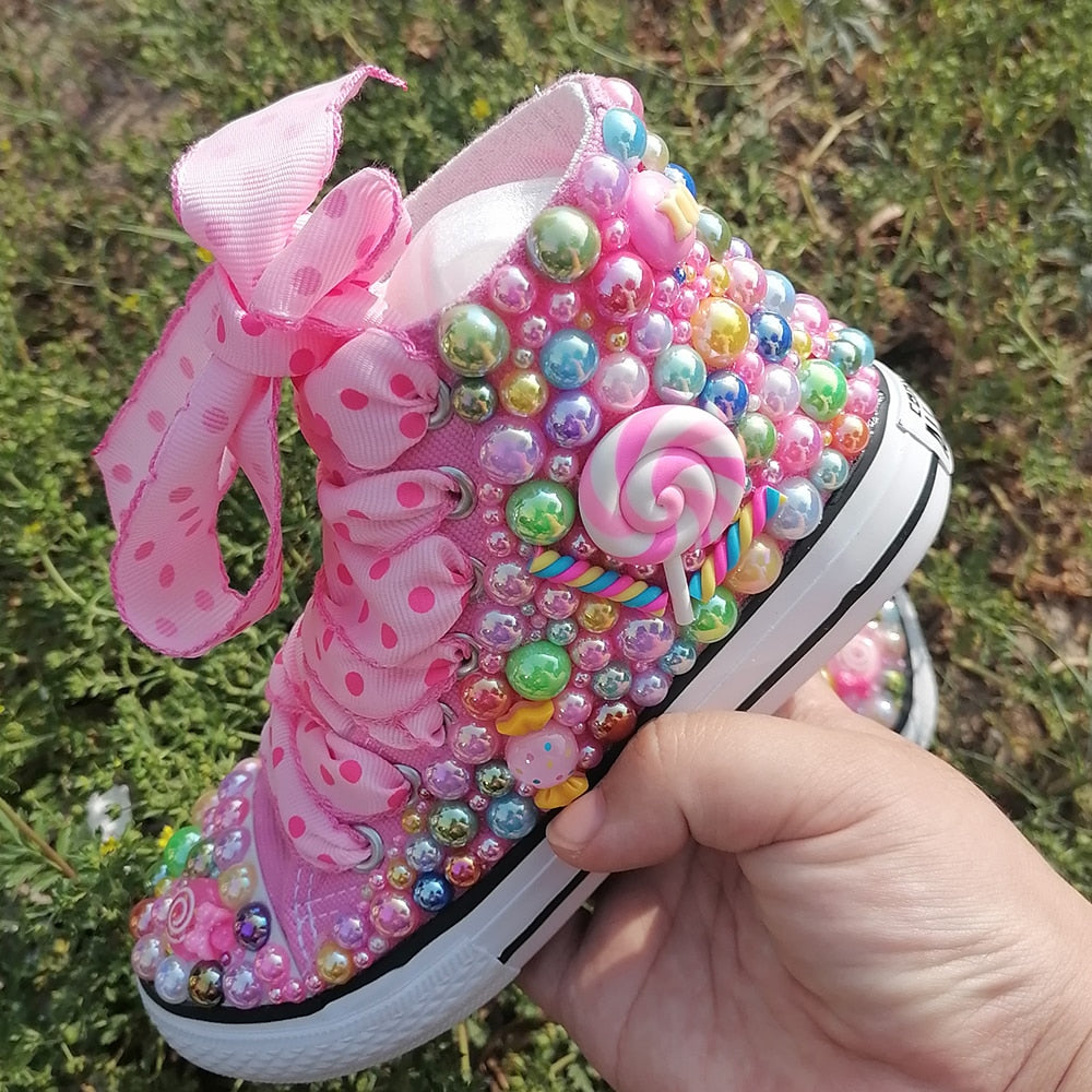 Handmade Rhinestones Bling Girls Womens Kids And Mother Candy Canvas Shoes Pearls Sneakers For Girl Birthday Party Wedding