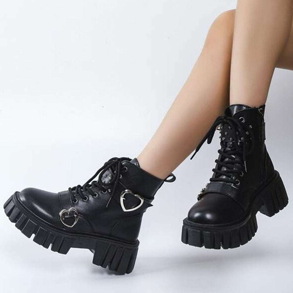 Women Black Lace Up Minimalist Side Zip Flat Artificial Microfiber Leather Combat Boots