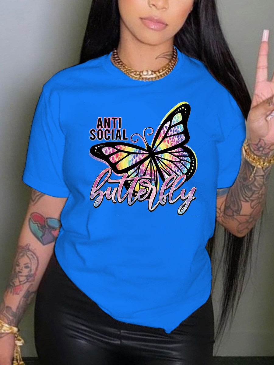 LW Plus Size Tops Rhinestone Butterfly Letter Print T-shirt L-5XL Regular Short Sleeve Positioning Printing O Neck Tee For Women