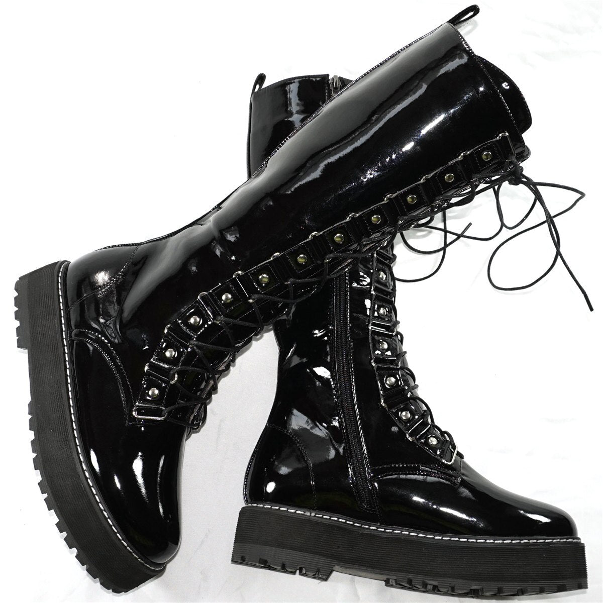 Winter Punk Creepers Women Lace Up Patent Leather Knee High Motorcycle Boots Female Round Toe Chunky Platform Pumps Casual Shoes