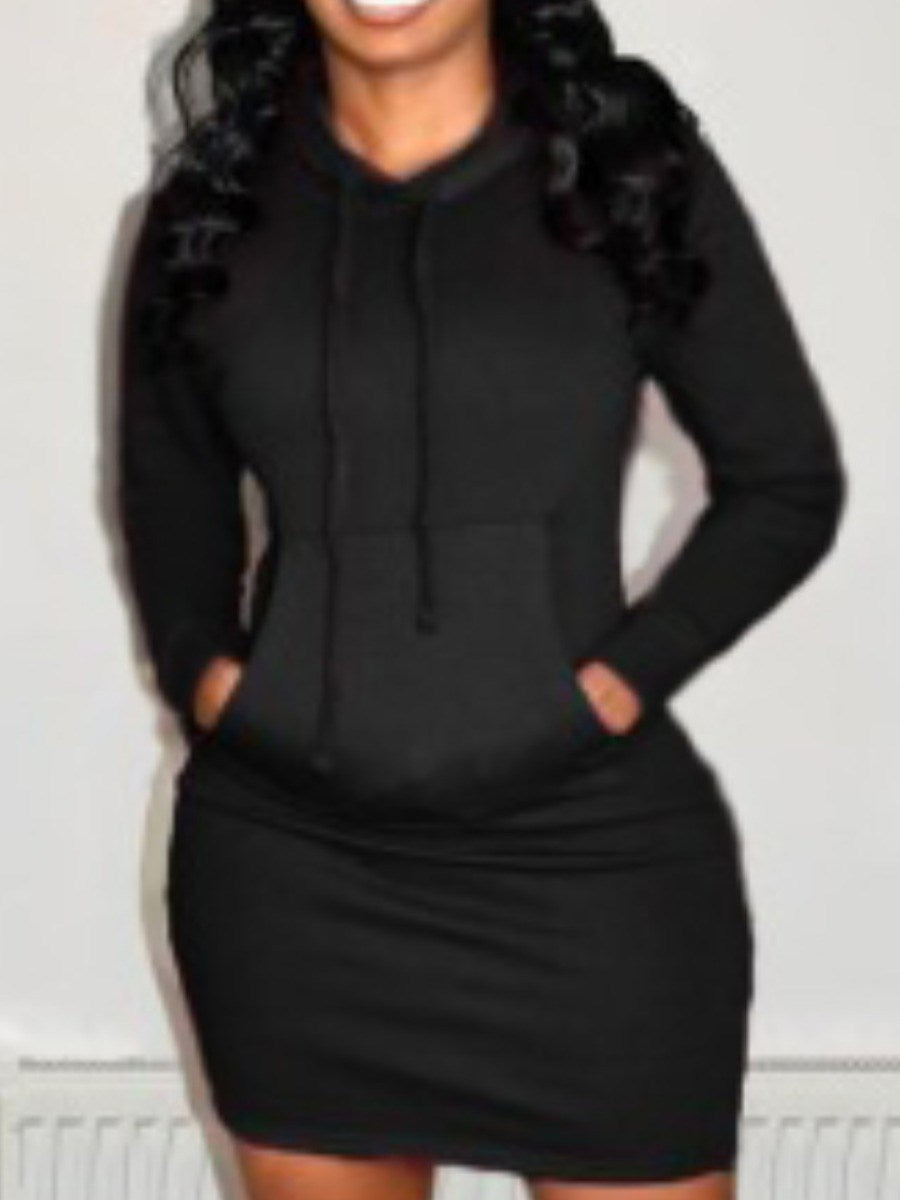 LW Plus Size Women Long Sleeve Hoodie Dress Hooded Collar Kangaroo Pocket Sweat XL-5XL Maxi Solid Color Bodycon Lady Clothings