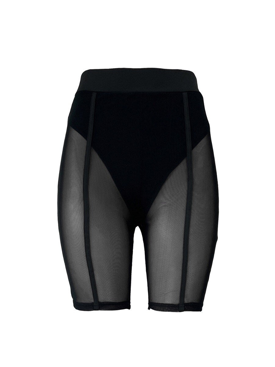 LW SXY See-through Skinny Stretchy Shorts Women Mesh Nightclub Wears Basic Sheath Pants With Underwears High Waist Tight Bottoms