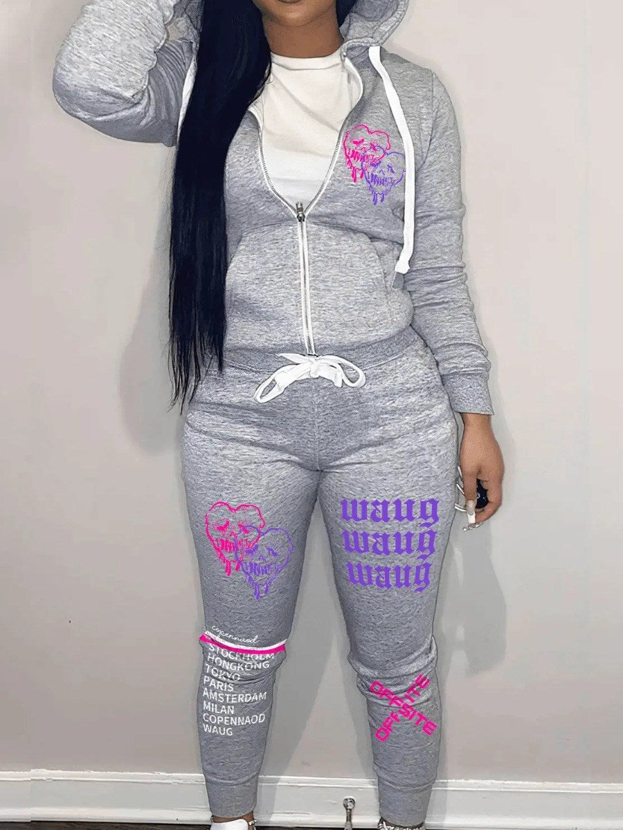 LW Simple Two Piece Set Women Casual Sporty Long Sleeve Zipper Design Top Hooded Collar Broken Heart Print Female Tracksuit Set