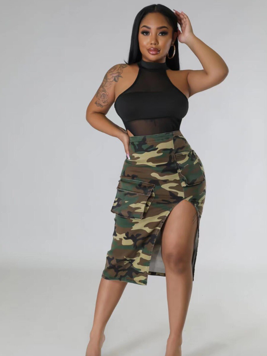 LW Women Sexy Camouflage Print Dresses Army Green Ripped Irregular Thigh Split Camo Pocket Long Maxi Skirt