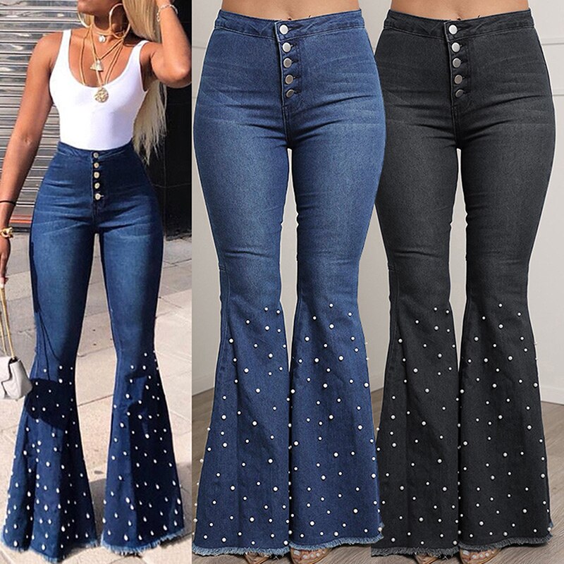 Mid Waisted Stretch Flare Jeans Women Denim Pants Wide Leg Butt-lifted Casual Korean Style Skinny Bell Bottom Pocket Trousers