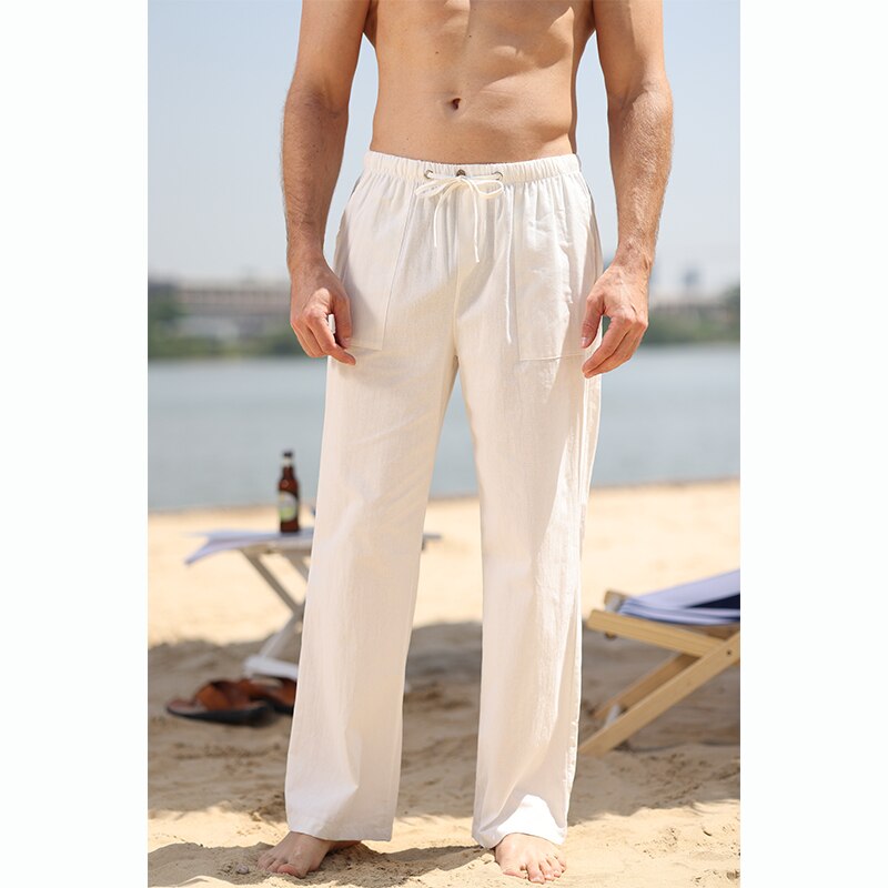 Men&#39;s Cotton Linen Pants Loose Spring Casual Pants Male Breathable Solid Color Full Length Drawstring Jogger Yoga Linen Trousers