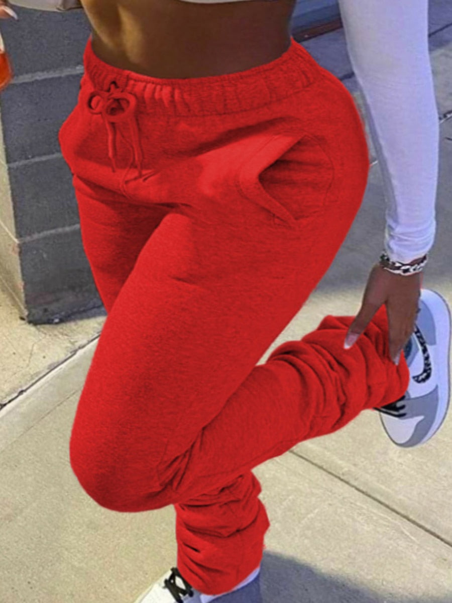 LW Plus Size Plain Pocket Sweatpants Mid Waist Drawstring Ruched Women Pants Stacked Trousers Sporty Casual Daily Bottoms