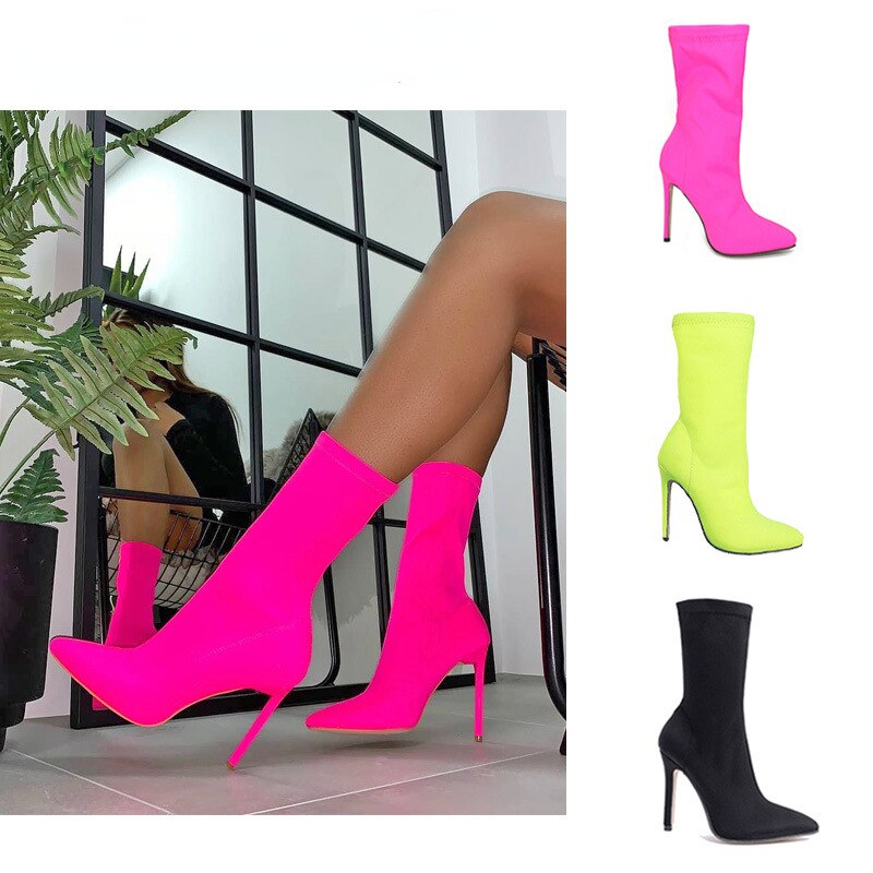 2023 Women High Heels Silk Sock Boots Female Green Short Ankle Boots Lady Stripper Winter Pointed Toe Gothic Designer Boots