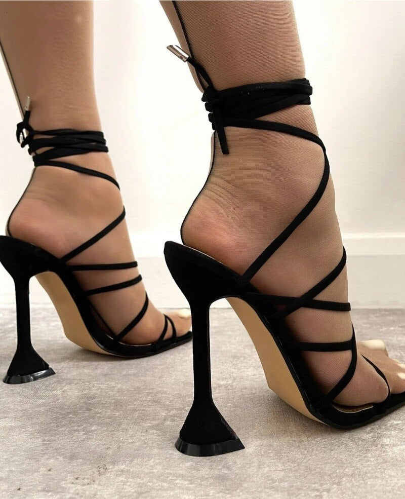 10CM Women Summer Sandals Sexy Peep Toe Ankle Strap Shoe Cross Lace-Up Stiletto High Heels Ladies Party Slipper Shoes
