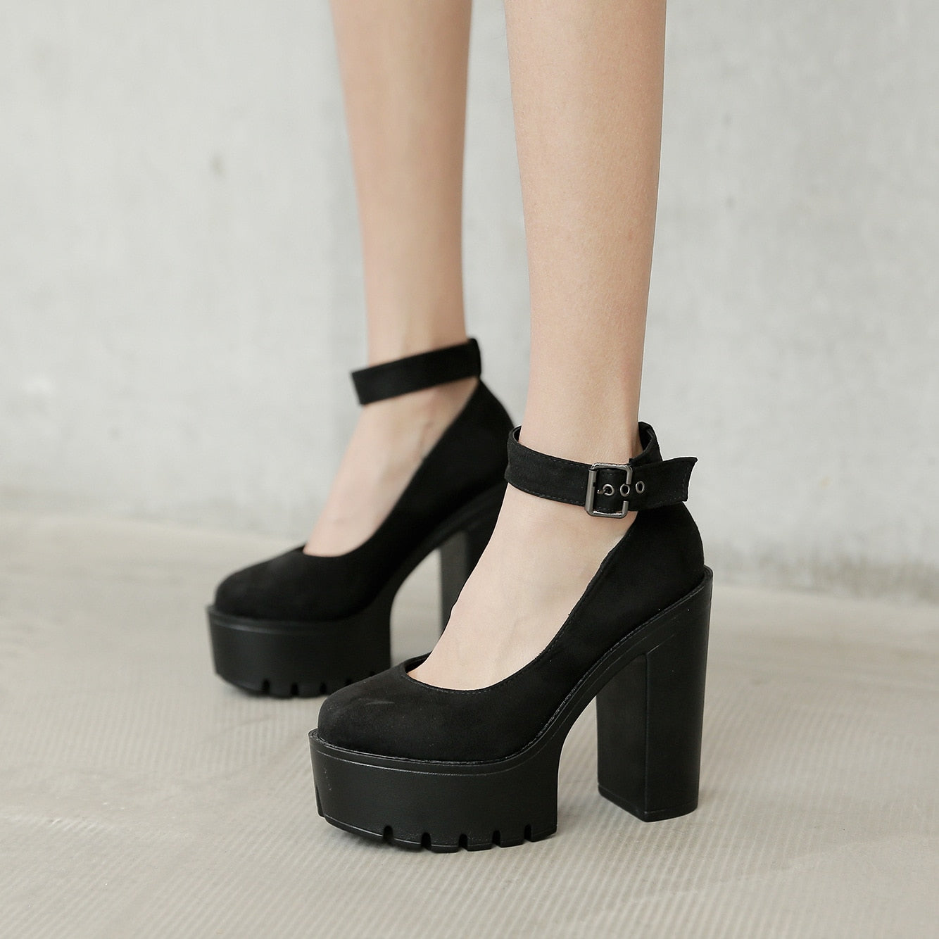 5cm Waterproof Platform New Fashion Round Toe Pumps Square High Heels Ankle Strap Black Sexy Women Shoes 38 39 40