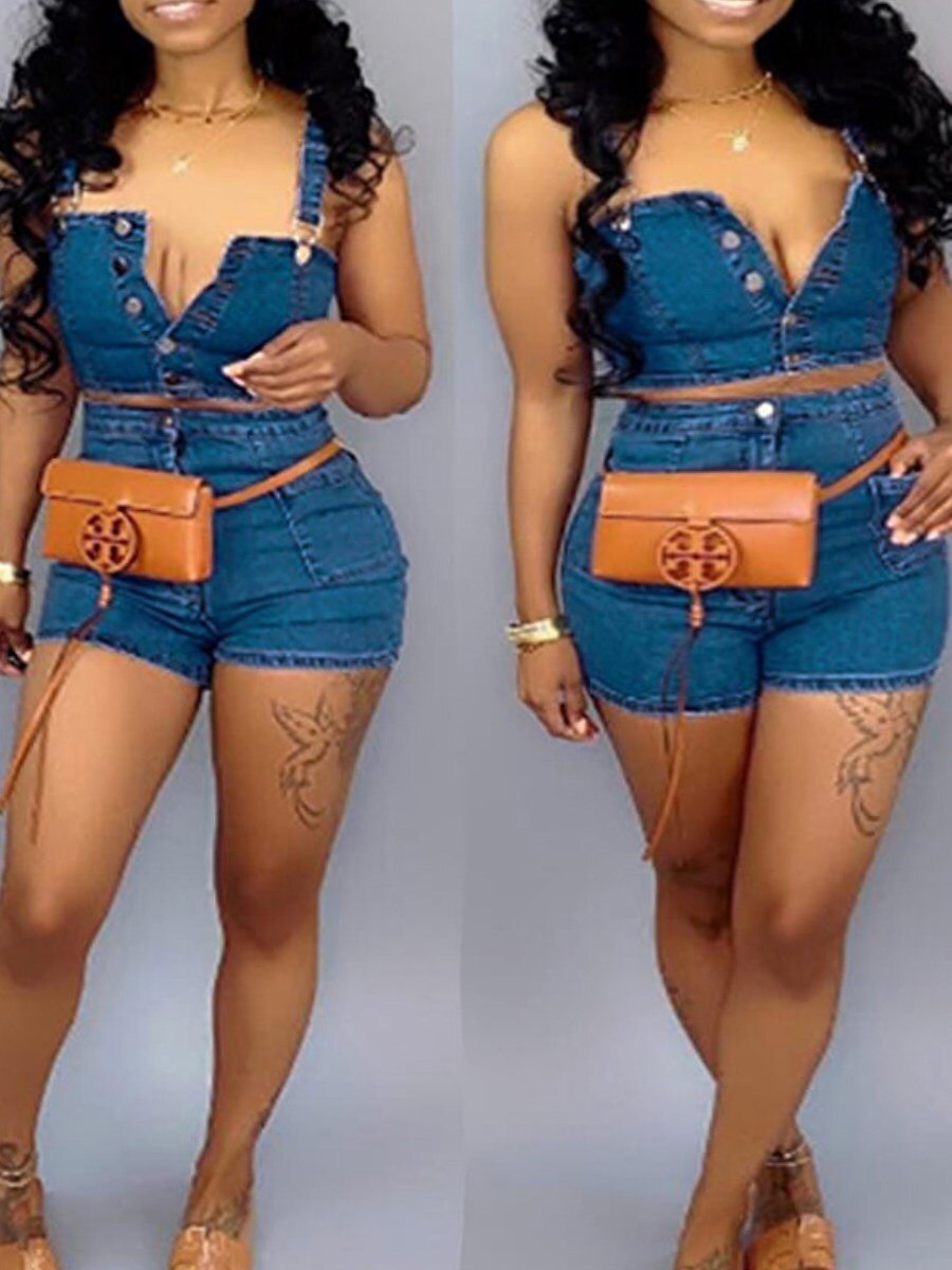 LW SXY Two-piece Shorts Set Plus Size Stylish Buttons Design Blue Spaghetti Strap Sleeveless V Neck Two-piece Shorts Set