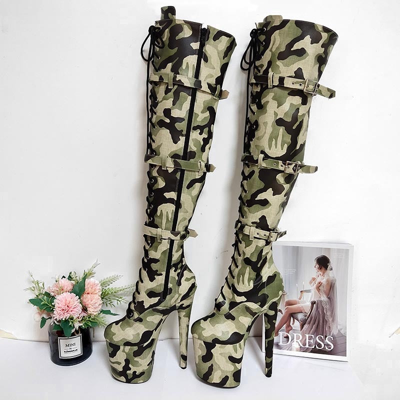 Stripper 20CM/8Inch Camouflage Sexy Over-the-Knee Boots Platform High Heels Gothic style Nightclub Sexy Pole Dancing Shoes