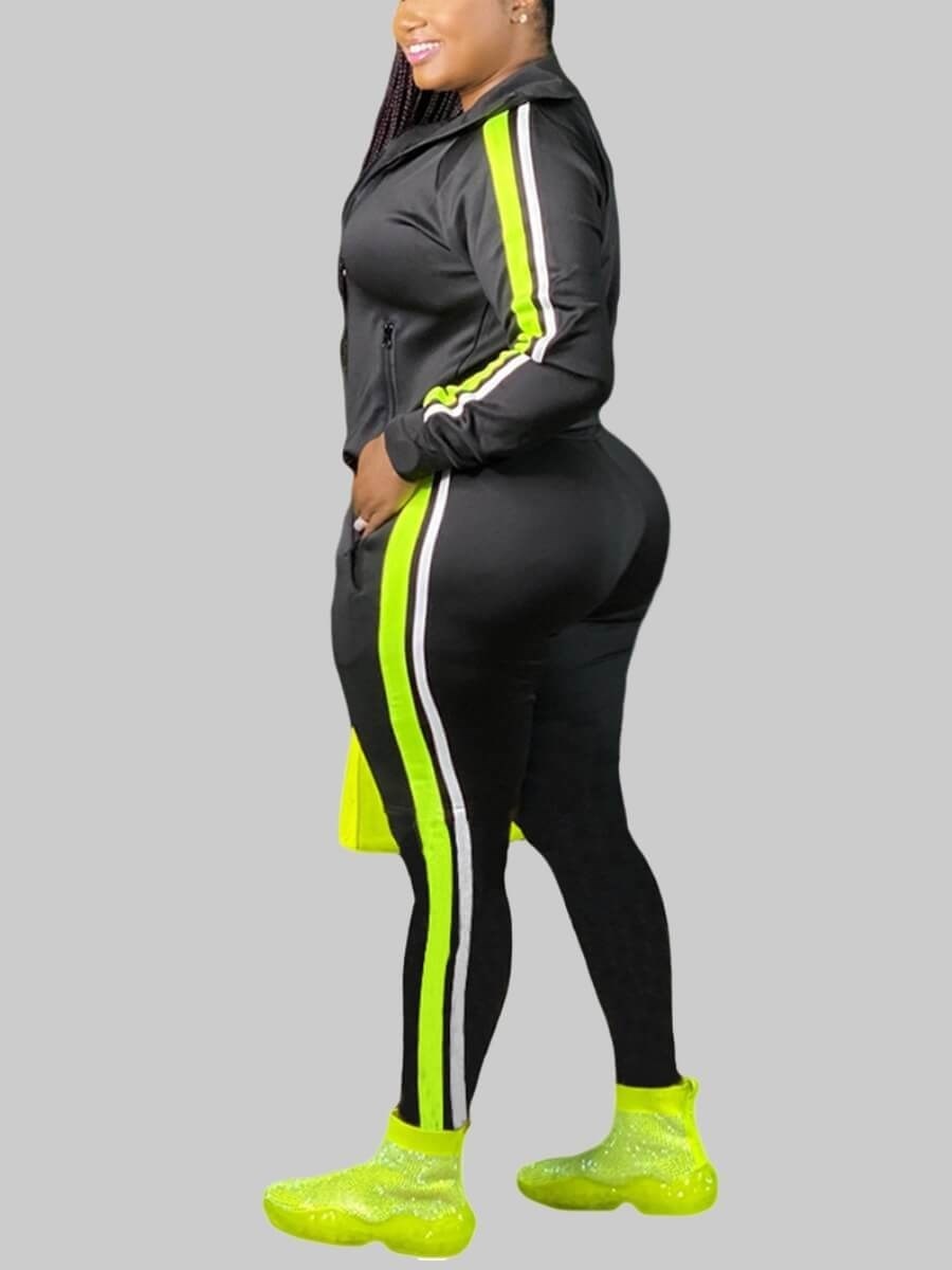 LW Plus Size Hooded Collar Patchwork Tracksuit Set Women Fall Clothes Sweatsuit Joggers Outfit Zip Top Sweatpants Tracksuit