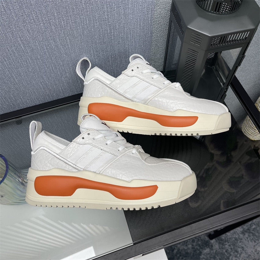 Fashion Y3 Cowhide Platform Sneakers Casual Leather Men&#39;s Shoes Added Height White Orange Patchwork Sole