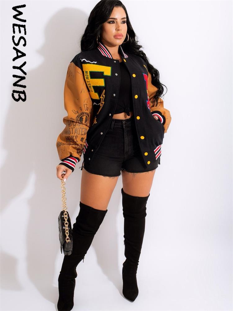 WESAYNB Winter Jackets For Women 2022 Baseball Coats Varsity Jacket Clothes y2k Fall Buttons Long Sleeve Tops Jacket For Women