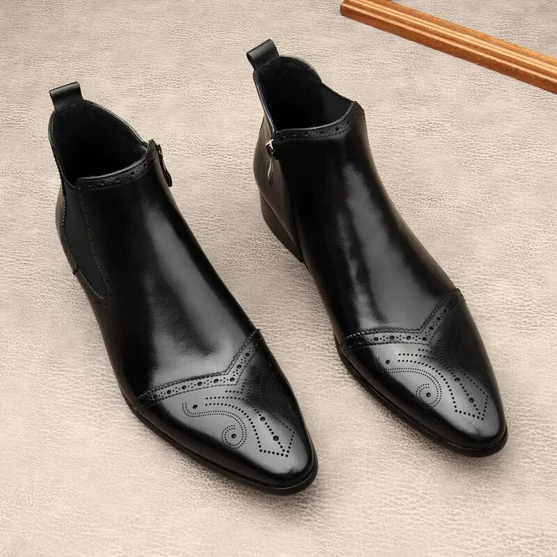 Luxury Formal Ankle Boots Man Shoes Black Pointed Toe Genuine Leather Casual Dress Mens Boots Office Chelsea Boots Men Zipper