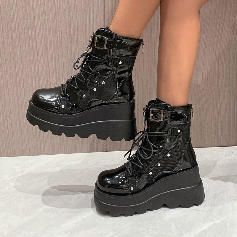 Platform Boots for Women 2023 Wedges Ankle Boots Pink Lace Up Fashion Party Gothic Boots Girls Punk Shoes Winter Women Shoes