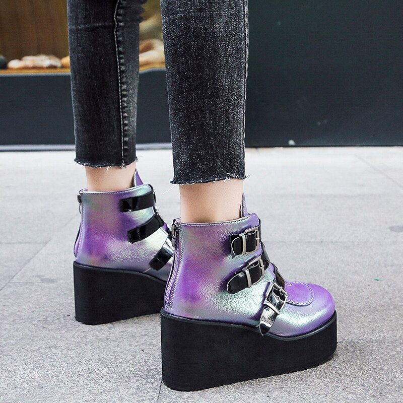 Black Punk New Ins Hot Platform High Heels Gothic Vampire Wedge Shoes Large 35-43 Cosplay Fashion Motorcycle Ankle Boots Women