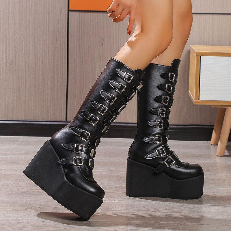 2023 New Fashion Brand Women‘s Boots Solid Color Punk Style Wedge High Heel Shoes Autumn Winter Gothic Platforms Woman Boots