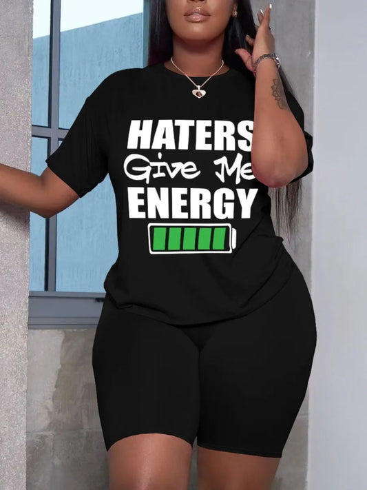 LW Plus Size Haters Give Me Energy Letter Print Shorts Set 2PCs Women Clothings Casual Suits Daily TOPS+PANTS Matching Outfits