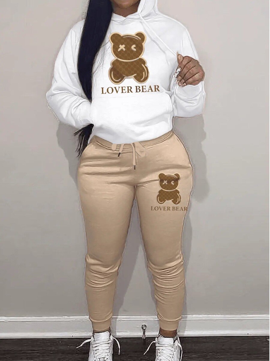 Lw Lovely Bear Letter Print Kangaroo Pocket Tracksuit Set Long Sleeve Hoodie+drawstring Trousers Women Two Pieces Matching Suits