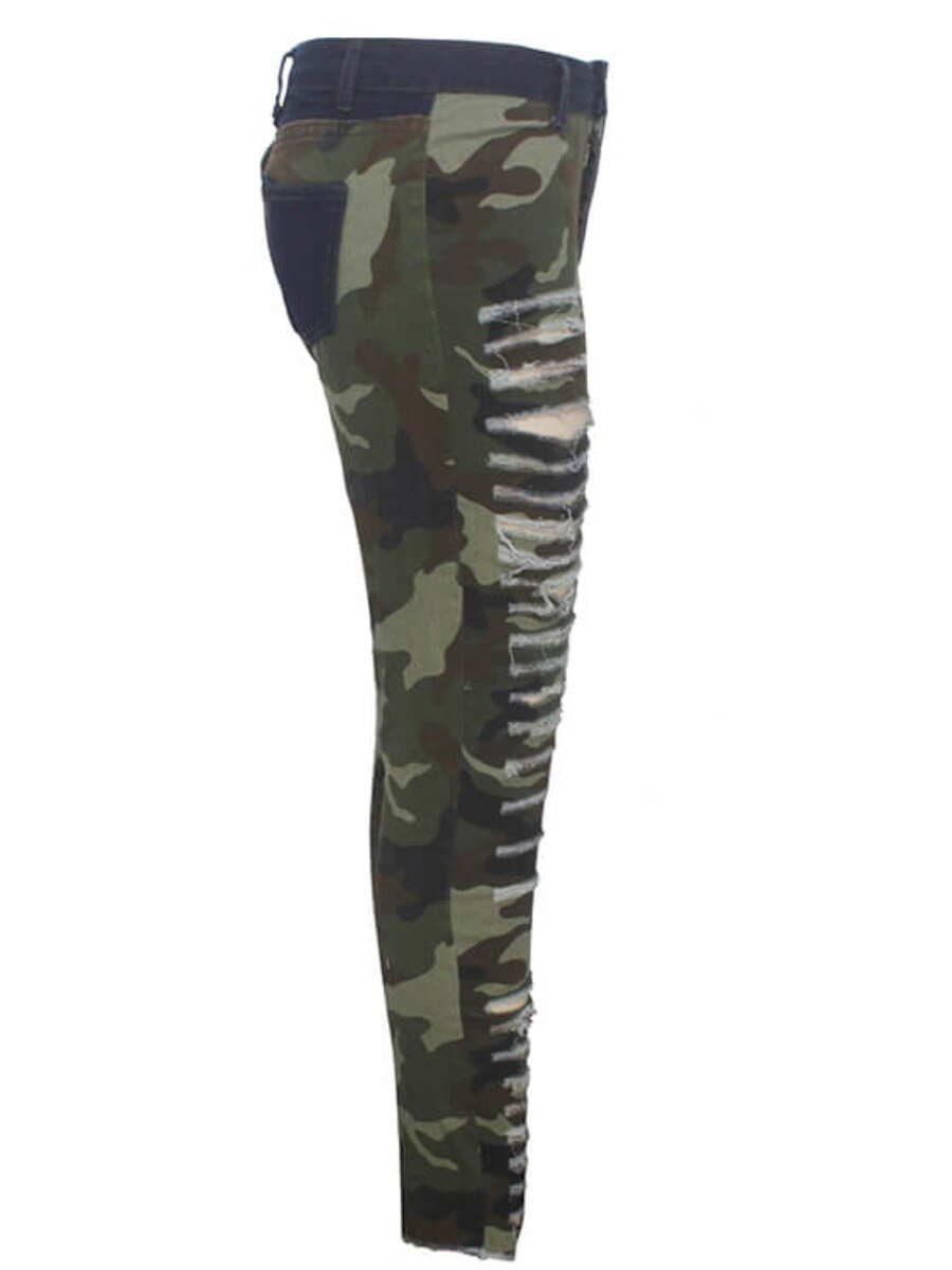 LW High Stretchy Broken Holes Camouflage Printed Jeans High-Waist Zipper Denim Street Pants Women Fashion Streetwears Trousers