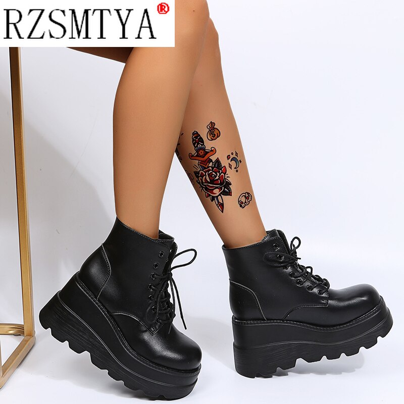 Brand Design Street Cool Fashion Black Gothic Style Boots High Heels Platform Wedges Woman Shoes Casual Ankle Boots Big Size