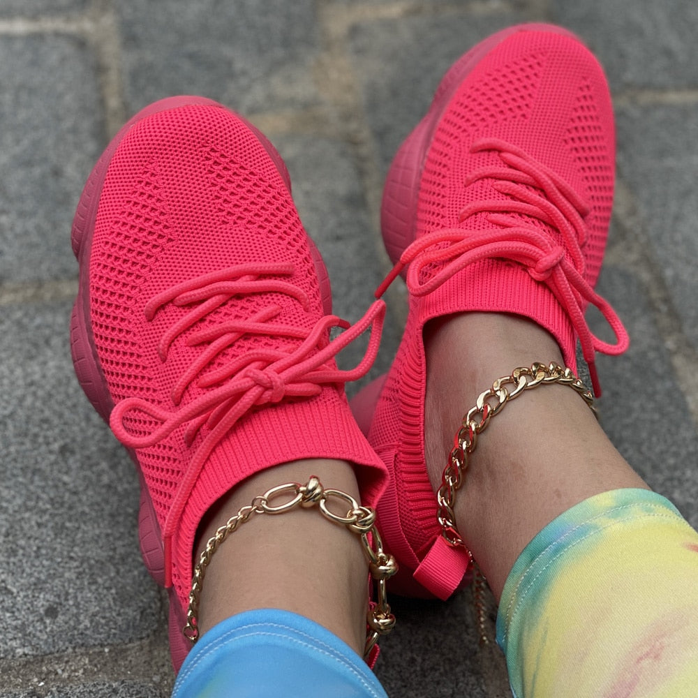 sneakers women casual flats ladies sport shoes slip on lace up dad shoes all color chunky sole 2023 fashion fly knitting mesh